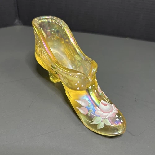 Fenton Handpainted Signed Gold Glass Slipper