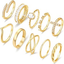 10 PCS 14K Gold Plated Rings Set for Women, Dainty Gold Knuckle Rings Non Tar...