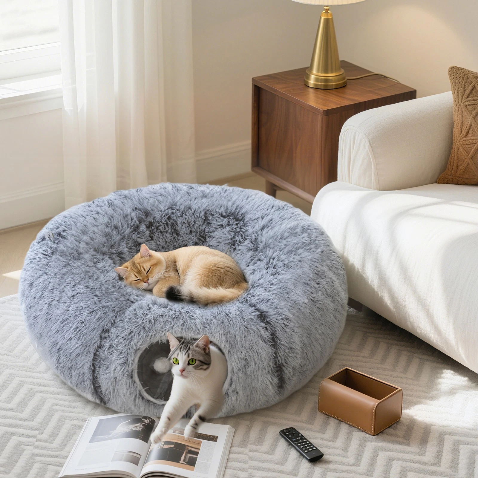 PawHut Donut Play Tunnel Bed with Washable Cushion and Toy Ball, Light Grey