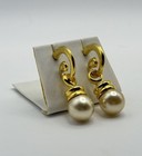 Gold Tone Faux Pearl Drop Earrings Curved Statement Vintage Style