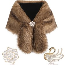 Geyoga Faux Fur Shawl Wrap Stole Shrug Winter Medium Gray Brown Long Hair