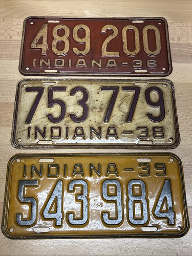 Vintage 1930s Indiana License Plates 1936 1938 1939 Lot of 3
