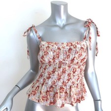 Ulla Johnson Nora Tie-Strap Ruched Peplum Tank Top Multi Printed Silk Size 0