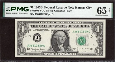 1963B $1 KANSAS CITY FRN. PMG GEM Uncirculated 65 EPQ Banknote. BARR Signature - Image 1 of 2