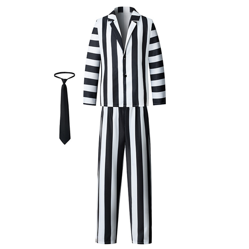 Men Beetlejuice Cosplay Costume Adam Black White Striped Jacket Pants Tie Wig - Picture 10 of 15