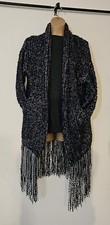 Jucy Judy Oversized Fringed Chunky Knit Cardigan Sweater Blue & White Women'