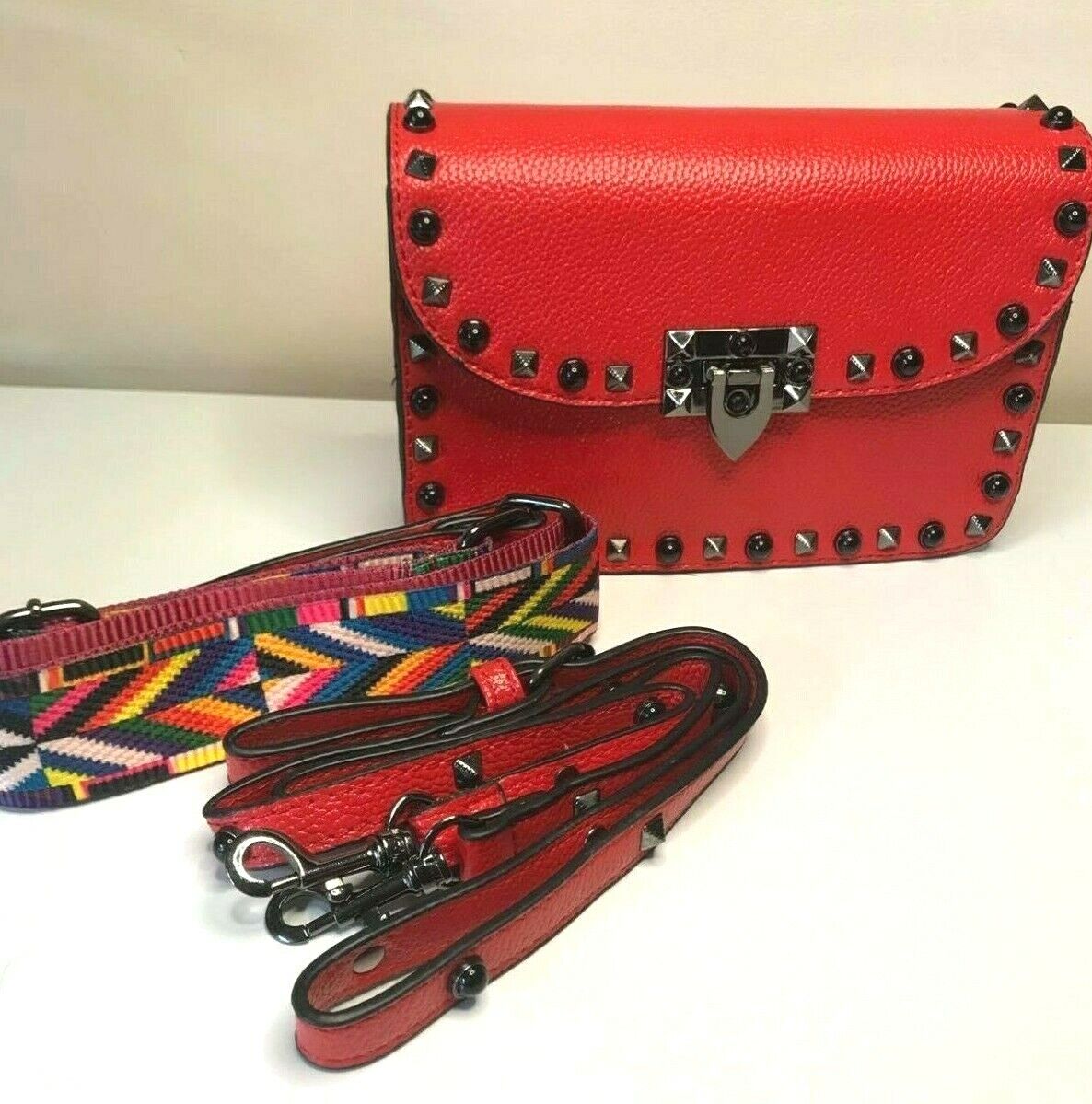 Red Crossbody Studded handbag ,Faux Leather Rivet, Trendy Purse with two  straps