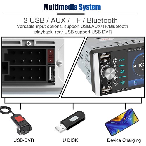 Single 1 DIN 5" Car Stereo Wireless Apple CarPlay/Android Auto USB SWC