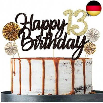 Tortendeko 13 Schwarzes Gold Set Doppelseitiges Glitzerpapier Happy Birthday