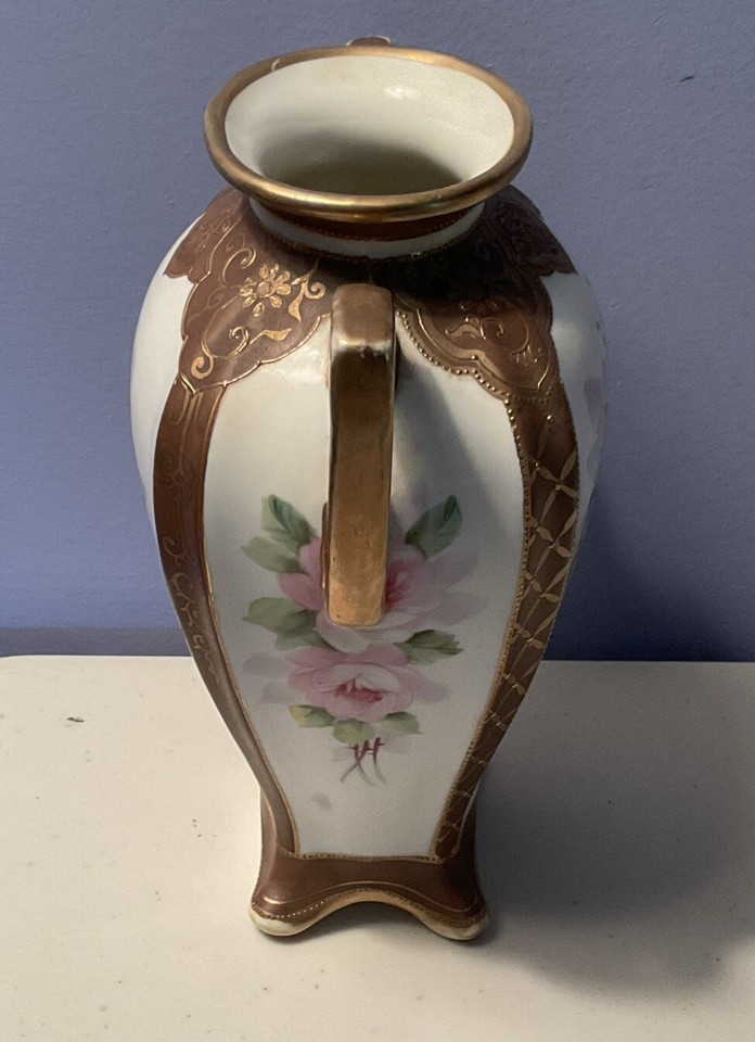 Vintage Nippon Double Handled Vase Gold Moriage 7.5” Tall Yellow Pink