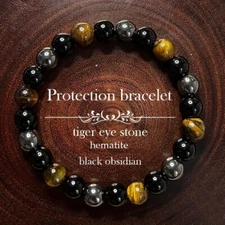 Obsidian Tiger Eye Hematite 10mm Beads Healing Triple Protection Men Bracelet