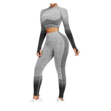 2 Piece High Waist Seamless Leggings Striped Crop Top Yoga Outfit Workout Set S