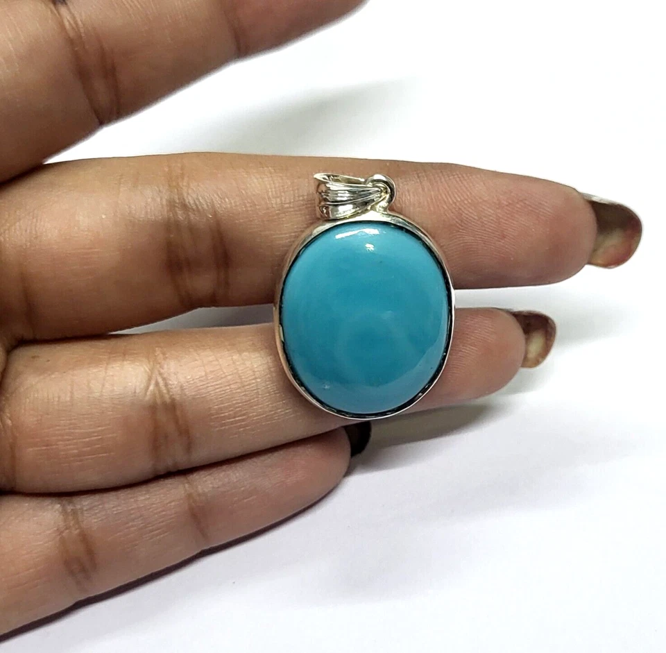 3.3cm Ovale Naturale Blu Turchese Gemma Ciondolo 925 Argento Sterling Unisex - Immagine 2 di 4