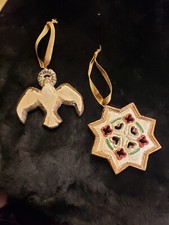 Set of 2 Rustic Wooden Christmas Ornaments Dove/Wreath and Perforated Snowflake
