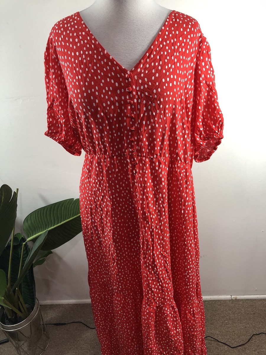 Eloquii Red White Dot V Neck Size 20 Short Sleeve Long Cottagecore Day Dress