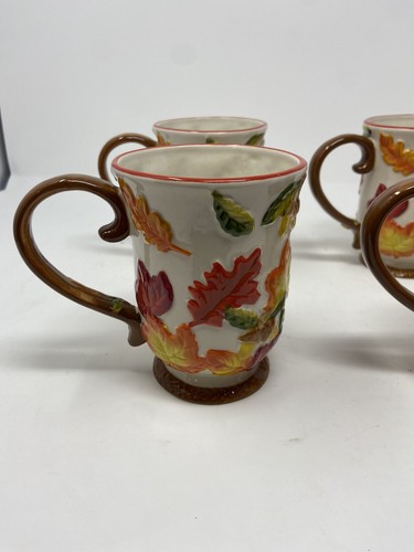 Four Temptations By Tara Leaves Acorns HARVEST 12 oz Embossed Coffee Mugs Cups B - Picture 4 of 9