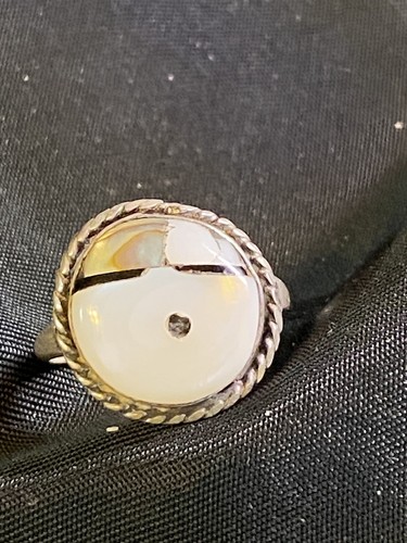 VINTAGE STERLING SILVER ZUNI MOONSTONE ONYX ABALONE RING SIZE 6.5 - Picture 7 of 11