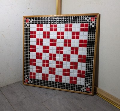 Vintage Ceramic Tile Mosaic Table Top Panel Wall Art Chess Geometric Wood Frame