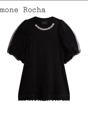 Simone Rocha Sheer Puff Sleeve Lace Trim Pearl Collar T-Shirt Black Size S