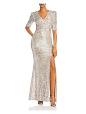 AQUA Womens Beige Slitted Pouf Sleeve V Neck Full-Length Evening Sheath Dress 2