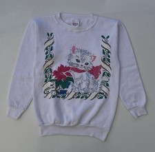 Vintage 90  s Cat Kitten Pet Cute White Crewneck Sweatshirt Size Women  s Small