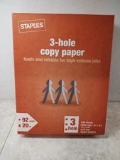 New Staples Copy Paper 8.5” x 11” 3 Hole 92 Bright 20 Lb Acid free  Item 122531
