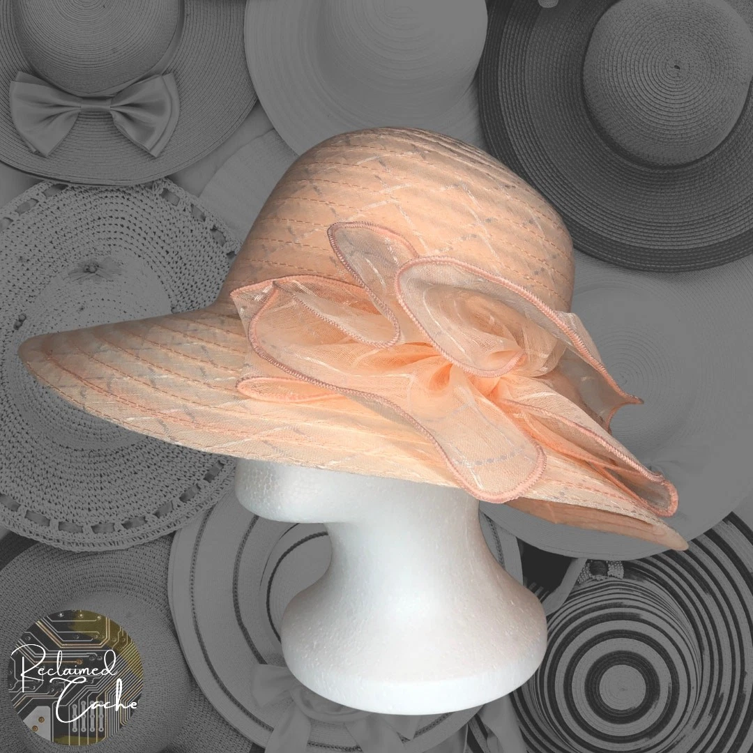 Ellen Tracy Womens Peach Large Side Bow Wide Brim Derby Sun Hat One Size
