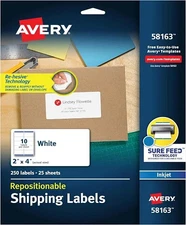 Avery 58163 Inkjet Labels, Shipping,Repositionable,2-Inch x4-Inch ',250/BX,WE