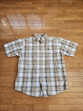 VINTAGE Carhartt Brown Beige Plaid Button Up Cotton Shirt Size L Short Sleeve