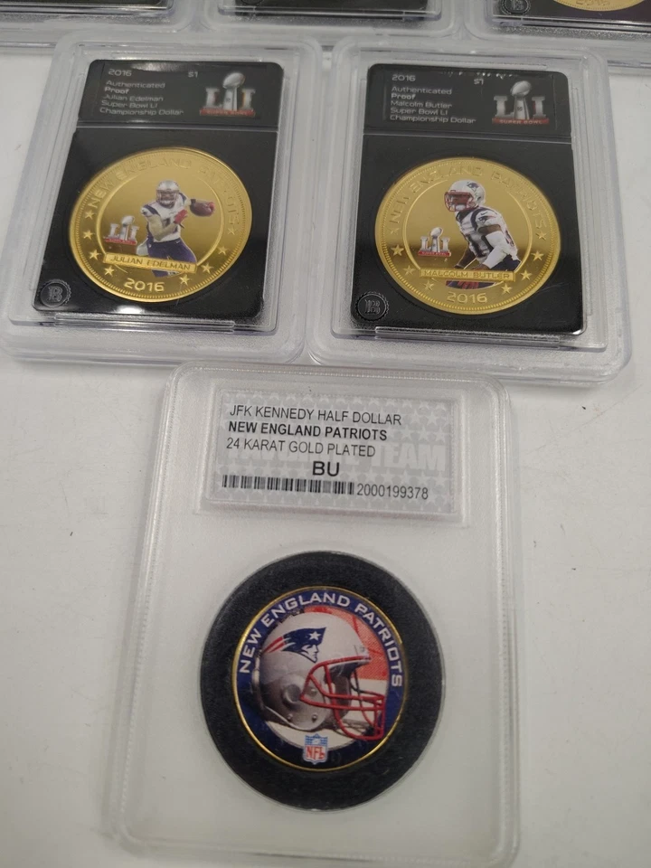 2016 SUPER BOWL LI Bradford Patriots monedas de oro de 1 dólar Tom Brady lote de 7 monedas Foto 2 de 4
