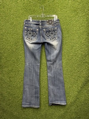 Miss Me Jeans Womens 31 Blue Cross Rhinestone Embellished Bootcut Flap Pocket