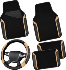 Microfiber Steering Wheel Cover and Waterproof Car Floor Black Beige