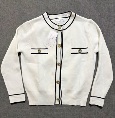 Knit Mix Women's S White/Black Trim Button Front Cardigan Sweater w/ Pockets