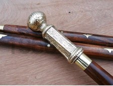 Antique Brass Sword Handle Walking Cane Wooden Shaft Decorative Gentlemen Walkin