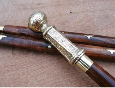 Antique Brass Sword Handle Walking Cane Wooden Shaft Decorative Gentlemen Walkin