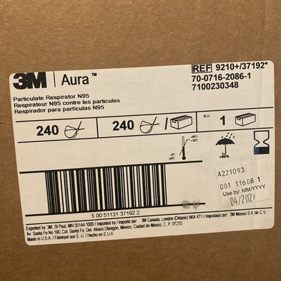 3M Genuine  Aura 9210+ N95 Particulate Respirator Disposable Masks  240pc 4/2027
