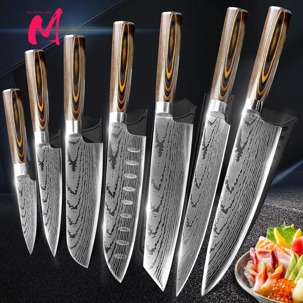 Kitchen Knives Stainless Steel 7CR17 440C Laser Damascus Japanese Santoku  Cleaver Slicing Utility Chef Knife Set