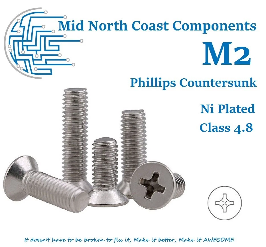 M2 x 3mm-20mm Countersunk Phillips Head Machine Screws Gr4.8, Ni Plated Steel 