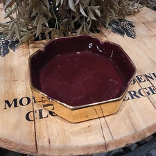 VINTAGE 1977 JARU California Gold & Burgundy Octagonal Pottery Ashtray