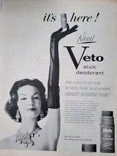 1957 one touch Veto stick deodorant woman long black gloves vintage ad