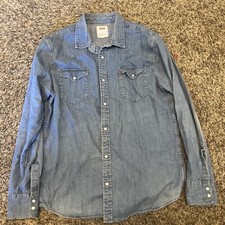 Levi's Western Pearl Snap Denim Shirt Men Large Blue Rodeo Red Tab
