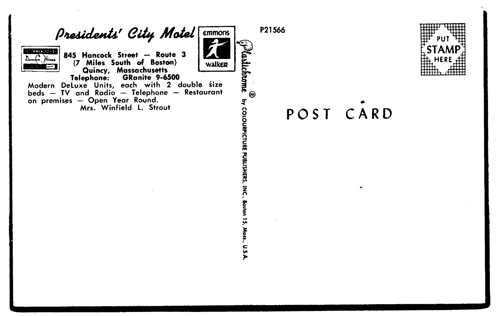 Quincy Massachusetts Postcard Presidents City Motel & Restaurant