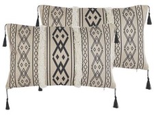 Dekokissen 2er Set Beige/Schwarz mit Fransen 30x50 cm Glamour Modern Pulmonaria
