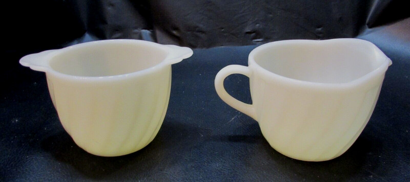 Old 1930's Fire King Glass Swirl Off-White Ivory Antique Cream and Sugar Set