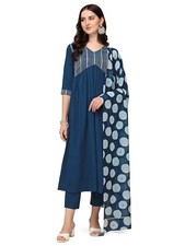 Women's Teal Blue Poly Crepe Straight Kurta with Pant and Dupatta