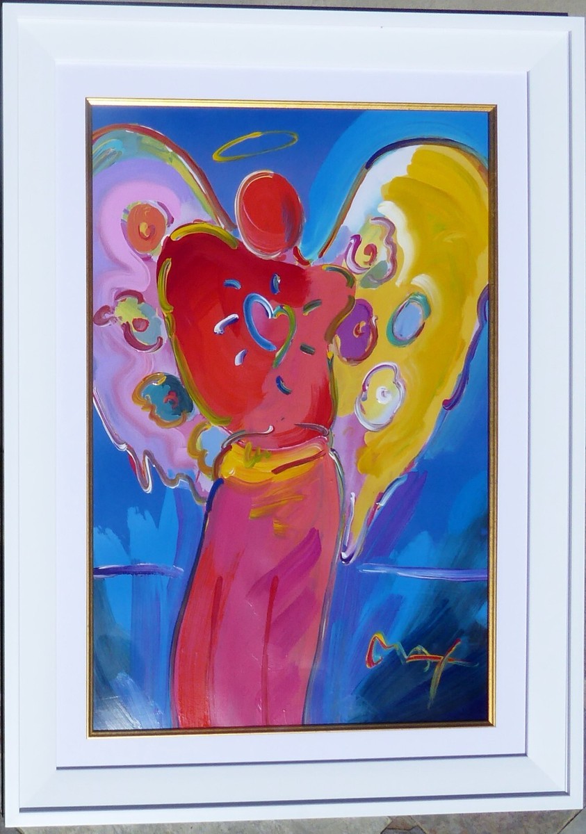 PETER MAX Red Angel with Heart Unique Original Painting Hand