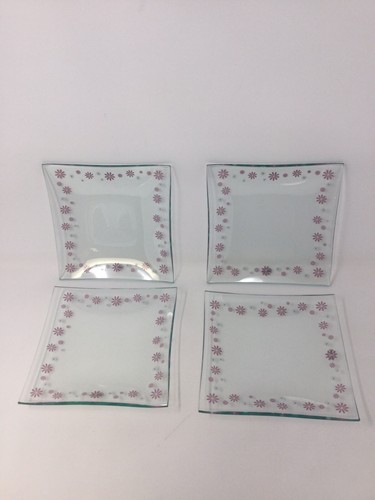 Pampered Chef Glass Square Pink Daisy Dessert Plates 6 Inch #2818 Set Of 4