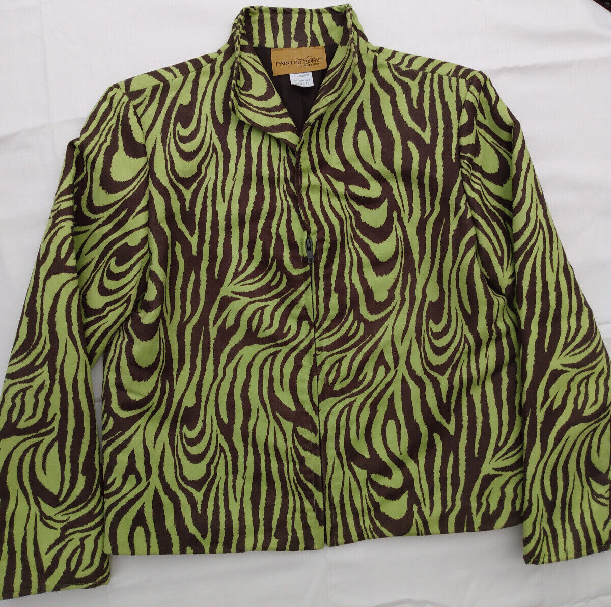 PONY Giacca blazer dipinta verde cavallo marrone S made in USA stampa animalier zebrata morbida