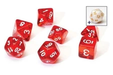 7 + 1 Translucent Resin Poly dice Set - Red, White pips - Sirius Dice
