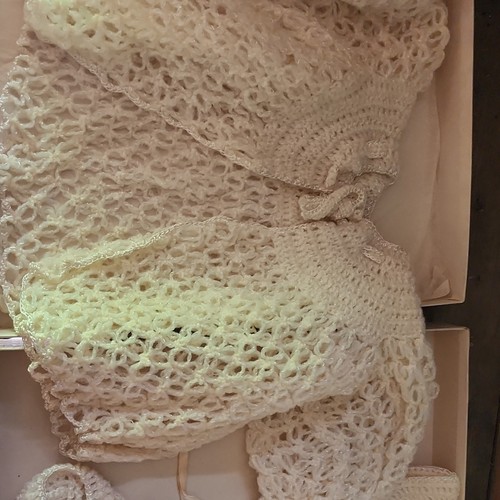 1950s Vintage Hand Knitted  Crochet Layette Set Sweater Hat Booties  Christe…